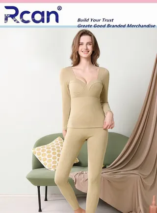 2 In 1 Women's Bra Thermal Underwear Set with Chest Pad V Neck Thick Section Long Winter Base Layer Shirt 2 Piece Slim Fleece Lined Top and Pants Plus Size 