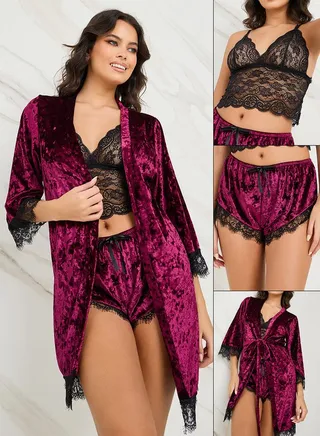 Pack of 3 - Lace Bralette, Velvet Robe & Shorts