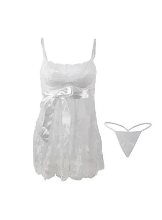 Women's 2 Pcs Nightsuit Exotic Lace Sleepwear Nightwear For Womens White 