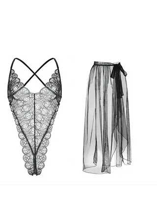 2-Piece Bobysuit Mesh Skirts Lace Lingerie Set 