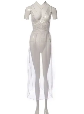 2-Piece Bobysuit Mesh Skirts Lace Lingerie Set 