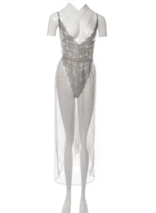 2-Piece Bobysuit Mesh Skirts Lace Lingerie Set 