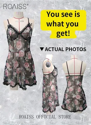 Floral Print Mesh Bow Front Ruffle Hem Slips Sleepwear Underwear Backless Nightdress Summer Womens Dresses Gift for Women Wife Girlfriend 