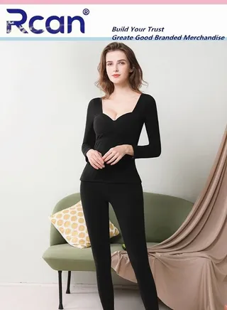 2 In 1 Women's Bra Thermal Underwear Set with Chest Pad V Neck Thick Section Long Winter Base Layer Shirt 2 Piece Slim Fleece Lined Top and Pants Plus Size 