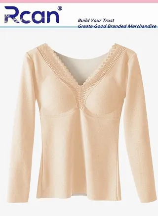 2 In 1 Women's Bra Thermal Underwear with Chest Pad V Neck Thick Section Long Sleeve Winter Base Layer Shirt Slim Fleece Lined Top Plus Size 