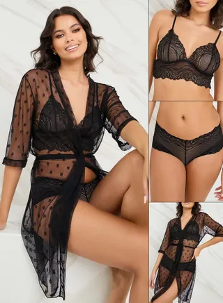 Pack of 3 - Ditsy Spot Mesh Tie Front Robe, Bralette & Brief