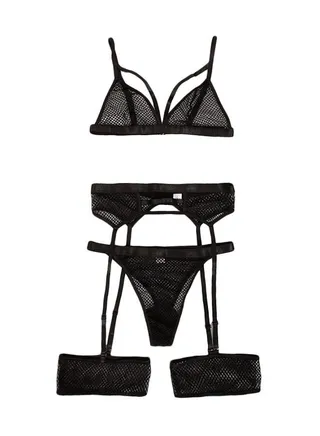 Women 3-Piece Lace Detail Lingerie Set Black 