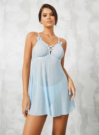 Butterfly Trim Criss Cross Front Detail Mesh Slip & Thong Set 