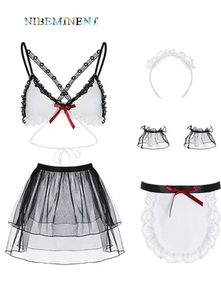 5-Piece Maid Dress Role-Playing Underwear Set Babydoll Lingerie Set for Women 