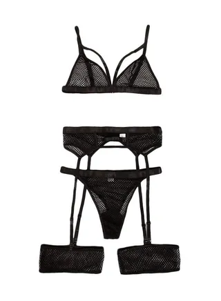 Women 3-Piece Lace Detail Lingerie Set Black 