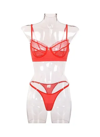 2-Piece Comfortable Soft Lace Transparent Lingerie Set Red 