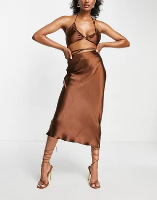 Topshop satin tie waist split midi skirt in chocolate - part of a set