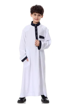 Boy's Muslim Arab Long Sleeve Kaftan Middle Eastern Kandora Thobe Thawb White/Black 