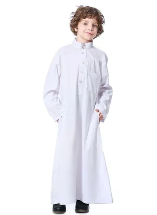 Boys Solid Color Stand  Collar Long Sleeve Abaya Robe Islamic Arabic Kaftan White 