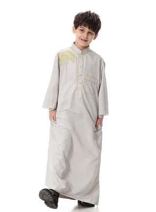 Boys Jacquard Stand Collar Long Sleeve Abaya Robe Islamic Arabic Kaftan Silvery Grey 