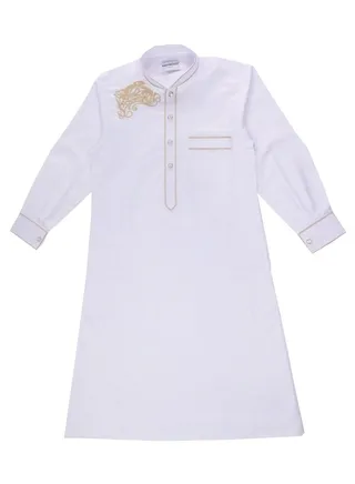 Boys Jacquard Stand Collar Long Sleeve Abaya Robe Islamic Arabic Kaftan White 