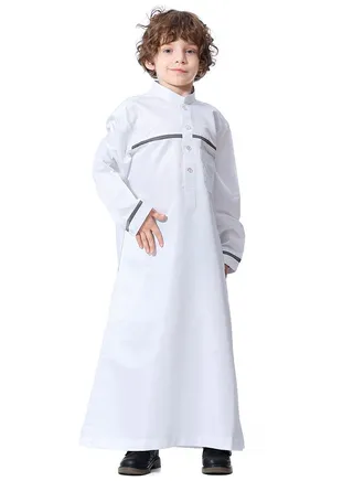 Boys Concise Style Stand Collar Long Sleeve Abaya Robe Islamic Arabic Casual Kaftan White 
