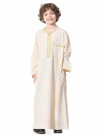Boys Muslim Clothing Long Sleeve Kaftan Embroidered Robe With Pockets And Zipper Islamic Arabic Abaya Clothes Beige 