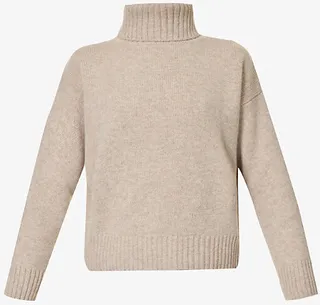 Womens Heather Beige Brand-embroidered Turtleneck Wool Jumper
