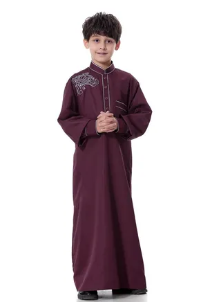 Boys Jacquard Stand Collar Long Sleeve Abaya Robe Islamic Arabic Kaftan Wine Red 