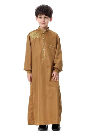 Boys Jacquard Stand Collar Long Sleeve Abaya Robe Islamic Arabic Kaftan Camel Color 
