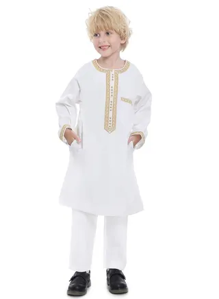 Boy's Muslim Clothing Kaftan Set Middle East Youth Embroidered Robe Suit Round Neck Islamic Dress Arabic Wear White 