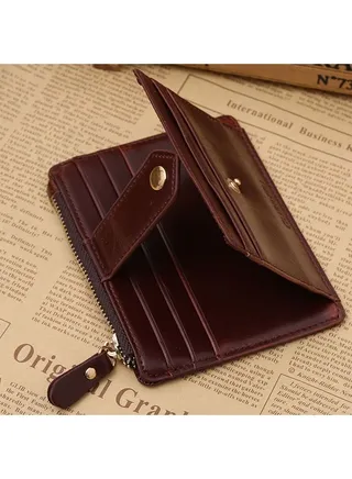 PU Leather Creative Minimalist Money Clip Front Pocket Wallet with Zipper, Multifunction Slim Wallet Coin Purse with Lock Button (Coffee) 