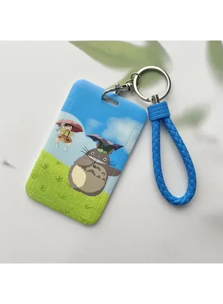 Anime ID Card Holder with Wrist Strap Totoro on Grassland Painting For Keys Keychain Badge Holder Compatible with Credit Card / Student Card / Bus Transportation Card 