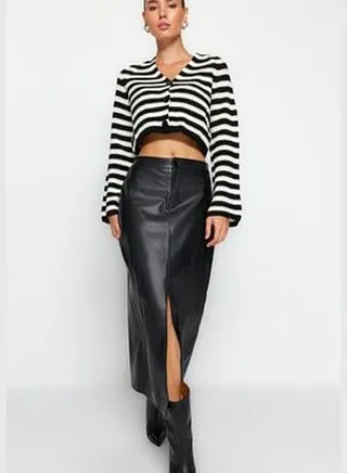 Black Slit Faux Leather High Waist Maxi Knitted Skirt TWOAW24ET00198