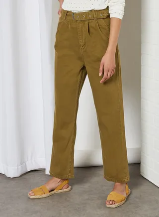 Belted Straight Pants Khaki 