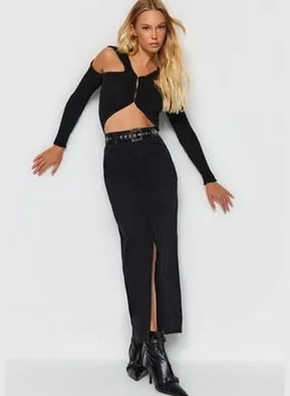 Black Slit Maxi Denim Skirt TWOSS23ET00290