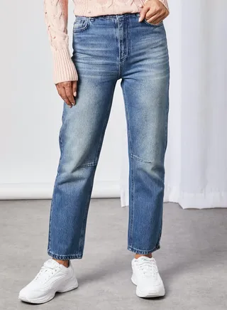 High Waist Cropped Straight Jeans Blue 