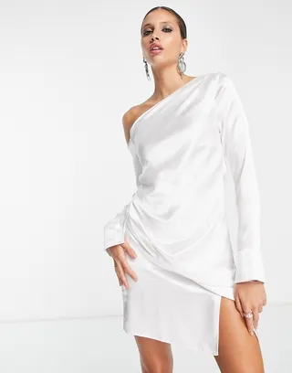 ASOS DESIGN off shoulder satin long sleeve drape mini dress in ivory high shine
