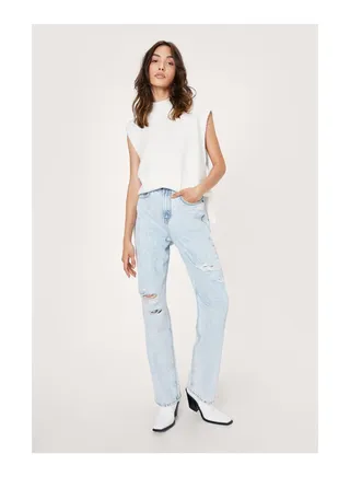 Organic Distressed Straight Leg Denim Jeans 