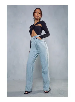 Diamante Side Split Hem Denim Jeans 