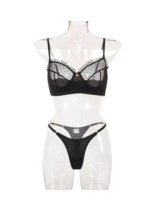 2-Piece Comfortable Soft Lace Transparent Lingerie Set Black 
