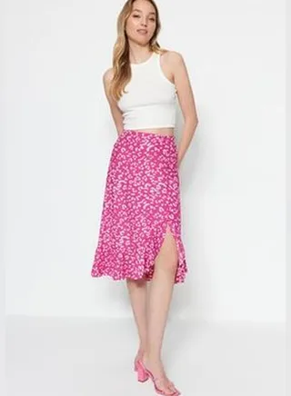 Fuchsia Printed High-waist Midi, Elastic Knitted Skirt with Ruffles and Ruffle Details TWOSS21ET0029