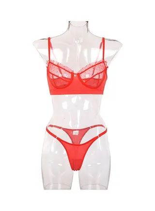 2-Piece Comfortable Soft Lace Transparent Lingerie Set Red 