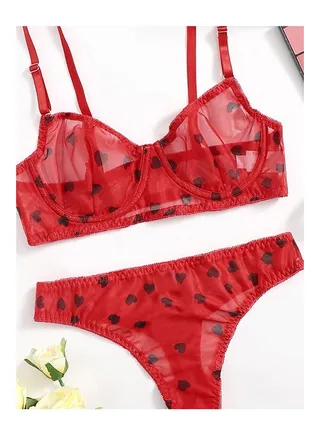 Lingerie Set Heart Pattern Mesh Underwire Lingerie Set 