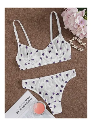 Lingerie Set Heart Pattern Mesh Underwire Lingerie Set 