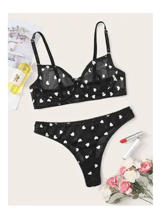 Lingerie Set Heart Pattern Mesh Underwire Lingerie Set 