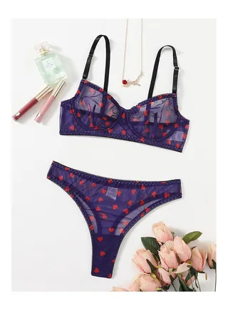 Lingerie Set Heart Pattern Mesh Underwire Lingerie Set 