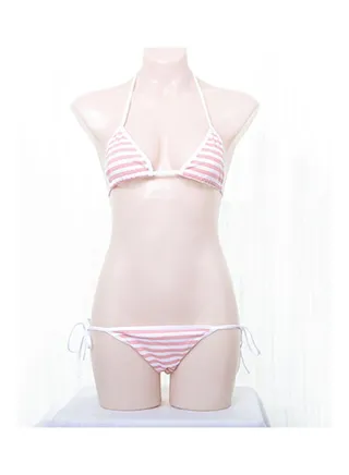 Stripe Lace-Up Bikini Pink/White 