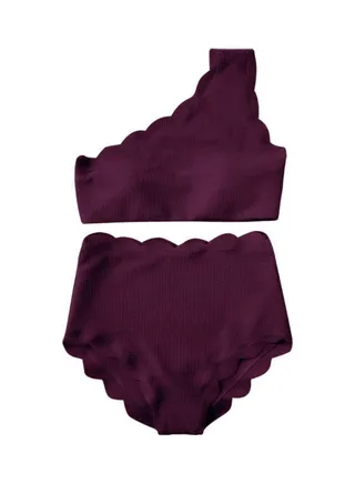2-Piece One Shoulder Bikini Set Wine Red 