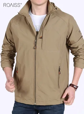 Men's Casual Waterproof Jacket Zipper Closure Hood Windproof Coat Pockets at Sides and Chest 