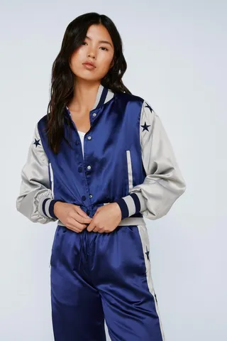 Nasty Gal Womens Star Embroidered Detail Rib Bomber Jacket