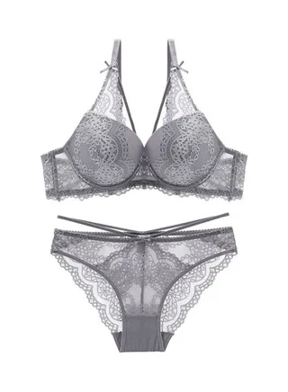 2-Piece Push Up Lace Underwear Set Grey 