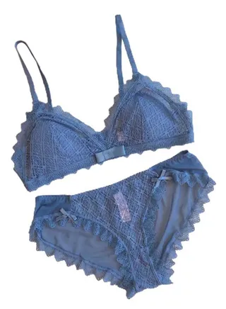 Lace Detail 3/4 Cup Beauty Back Thin Bra And Panty Set Blue 
