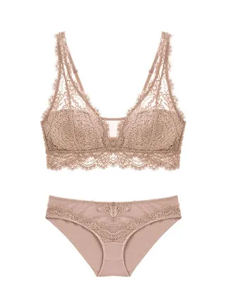 2 Piece Solid Colour Lace Bra And Brief Set Pink 