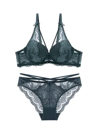 2-Piece Push Up Lace Underwear Set Dark Green 